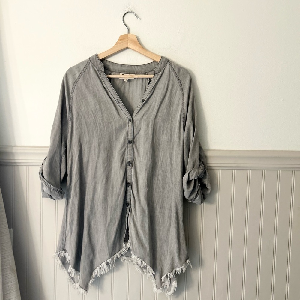 Hester & Orchard Medium Gray Relaxed Tencel Rolled Sleeves Fringe Button Up Top